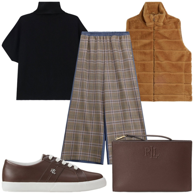 Outfit donna - Minimal chic in marrone. Stile Minimal per Tutti i giorni. Abbinamento con pantaloni a palazzo, maglieria, gilet, sneakers, pochette.