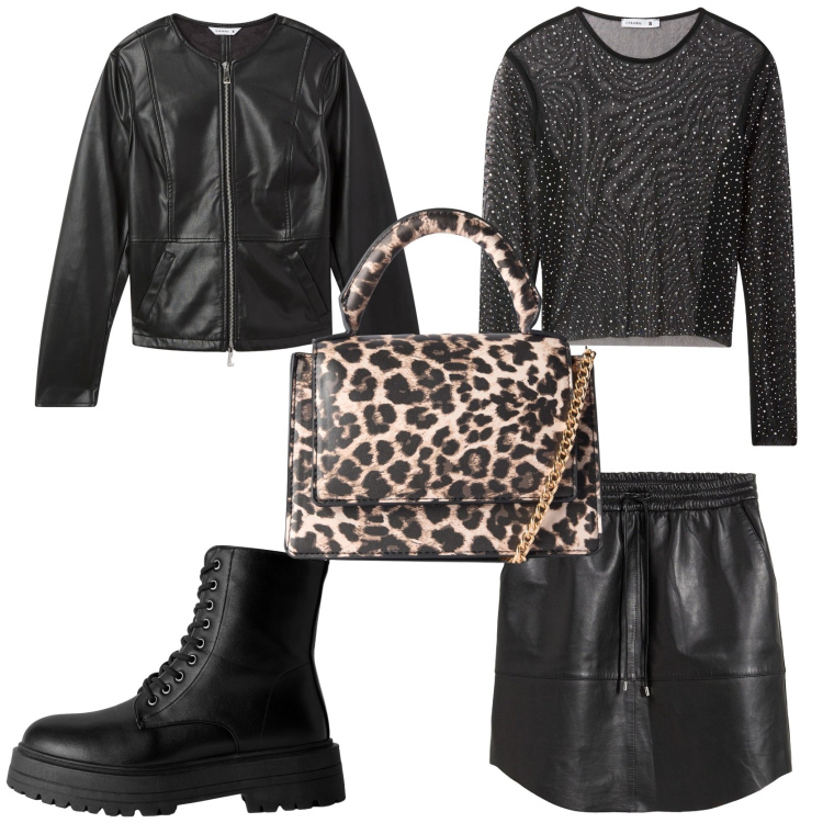 Outfit donna - Un tocco animalier. Stile Rock per Serata fuori. Abbinamento con gonne, blazer, borse a tracolla, anfibi, maglieria.