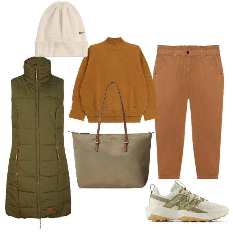 Outfit donna - Minimal chic e colori autunnali. Stile Sporty chic per Tutti i giorni. Abbinamento con gilet, sneakers, cappelli, maglieria, borse tote, pantaloni.
