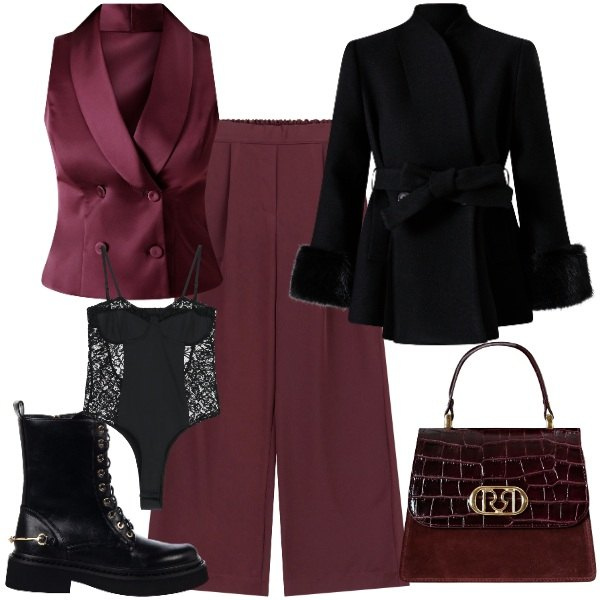 Outfit donna - Evento elegante invernale in città. Stile Chic per Serata fuori. Abbinamento con gilet, anfibi, borse a mano, cappotti, pantaloni a palazzo, body.