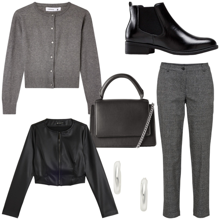 Outfit donna - British. Stile Casual chic per Tutti i giorni. Abbinamento con pantaloni, stivaletti chelsea, cardigans, borse a tracolla, giacche, orecchini.