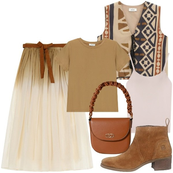 Outfit donna - Settembre BOHO. Stile Boho per Tutti i giorni. Abbinamento con magliette intime, borse a mano, gonne lunghe, t-shirt, gilet, stivaletti.
