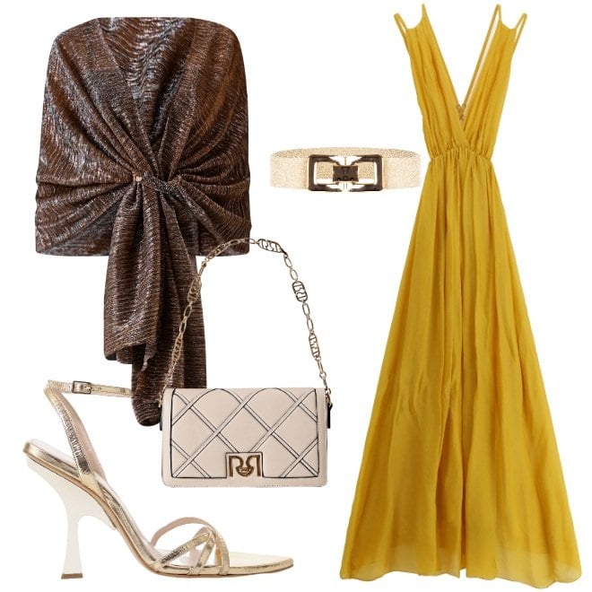 Outfit donna - Invito ad un matrimonio a Settembre. Stile Glamour per Cerimonia. Abbinamento con cinture, borse a tracolla, stole, vestiti lunghi, sandali col tacco.