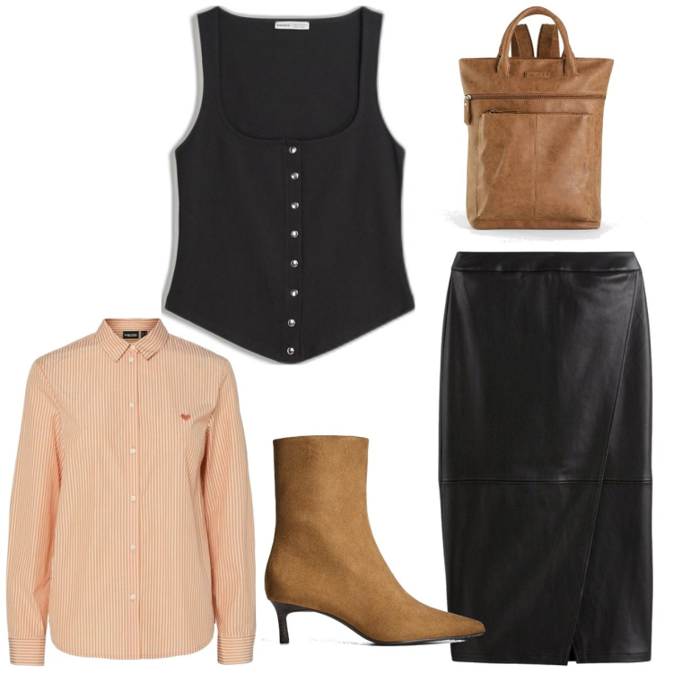 Outfit mujer - Basic #4581. Estilo Basic para Oficina. Combinación con mochilas, top, botines, faldas largas, camisas.