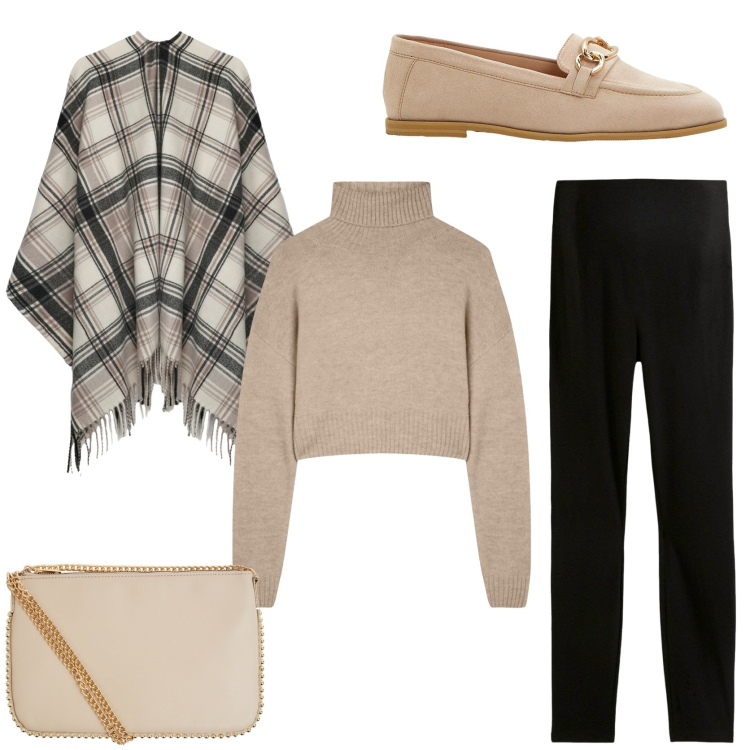 Outfit donna - New season. Stile Casual chic per Tutti i giorni. Abbinamento con leggings, mocassini, borse a tracolla, maglieria, cappotti.
