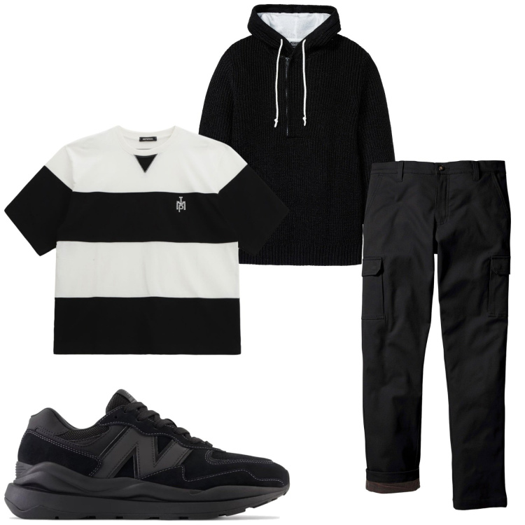 Outfit uomo - Total look #2239313. Stile Trendy per Sport. Abbinamento con pantaloni cargo, maglieria, sneakers, t-shirt.