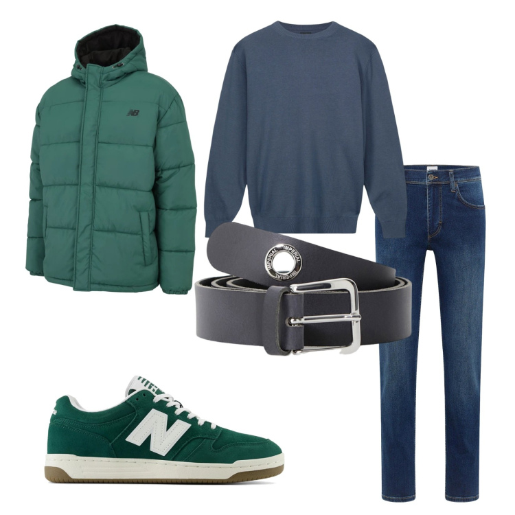 Outfit uomo - Total look #2239314. Stile Trendy per Tutti i giorni. Abbinamento con jeans dritti, piumini, sneakers, cinture, maglieria.