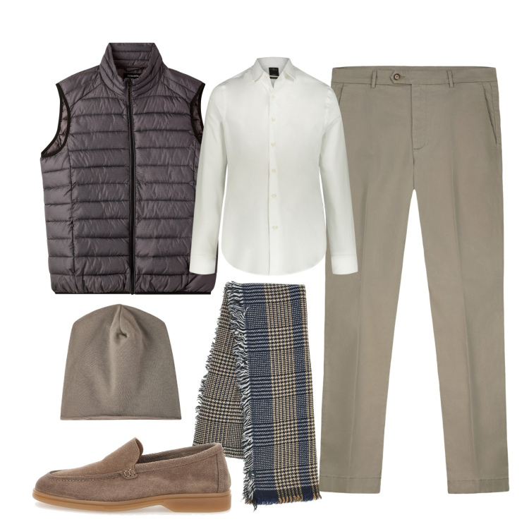 Outfit uomo - Outfit pratico!. Stile Casual per Ufficio. Abbinamento con berretti, piumini, camicie, sciarpe, scarpe stringate, pantaloni chino.