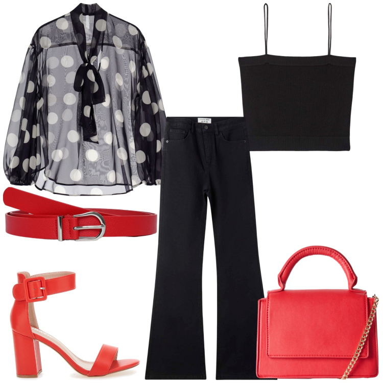 Outfit donna - Total look #2239320. Stile Casual chic per Tutti i giorni. Abbinamento con canottiere, cinture, jeans a zampa, borse a tracolla, bluse, sandali col tacco.
