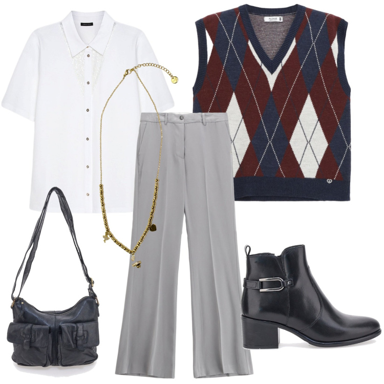 Outfit donna - Smart casual. Stile Casual per Ufficio. Abbinamento con pantaloni, gilet, ciondoli, camicie a manica corta, borse a tracolla, stivaletti.
