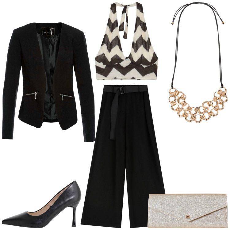 Outfit donna - Total look #2239324. Stile Glamour per Serata fuori. Abbinamento con blazer, pochette, décolleté, pantaloni, top, collane.