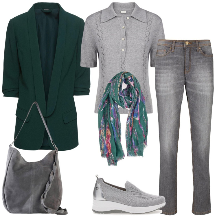Outfit donna - Università. Stile Casual chic per Scuola/Università. Abbinamento con jeans mom, borse a mano, blazer, mocassini, foulard, polo.