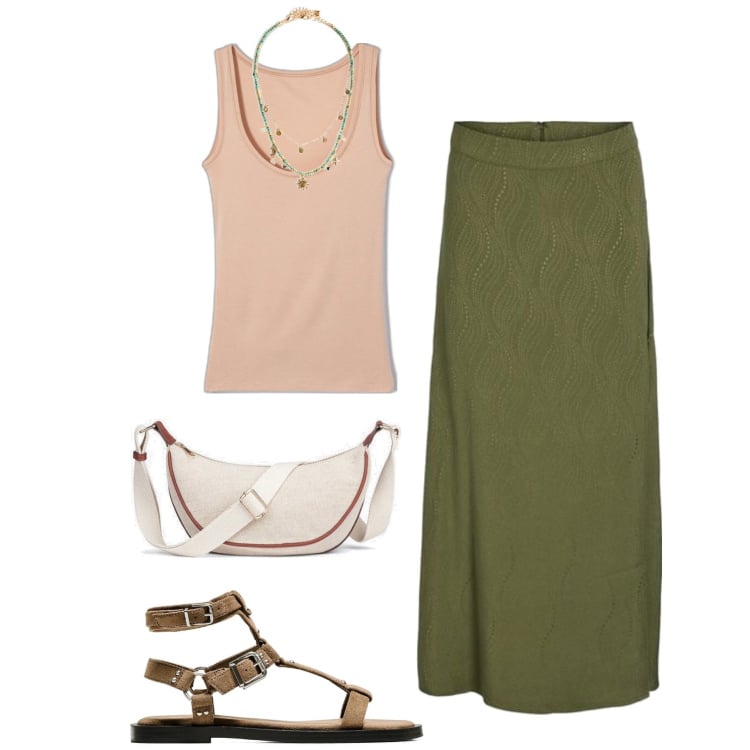 Outfit mujer - Boho #2339. Estilo Boho para Todos los días. Combinación con falda longuette, riñoneras, colgantes, camiseta, sandalias.