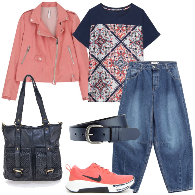 Outfit donna - Università. Stile Casual per Scuola/Università. Abbinamento con cinture, jeans, giacche, borse a spalla, t-shirt, sneakers.