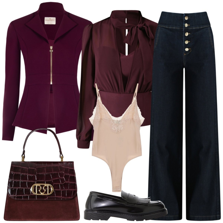 Outfit donna - Ufficio. Stile Casual chic per Ufficio. Abbinamento con bluse, jeans, borse a mano, blazer, body, mocassini.
