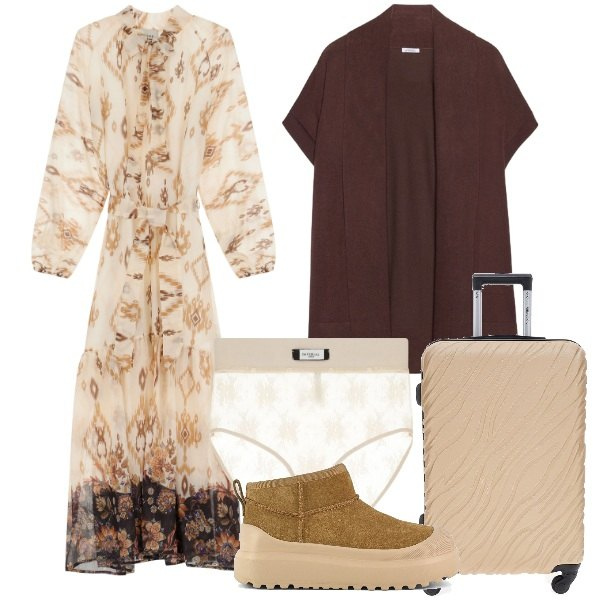 Outfit donna - In viaggio chic. Stile Chic per Tutti i giorni. Abbinamento con slip, vestiti lunghi, stivali, valigie, cardigans.