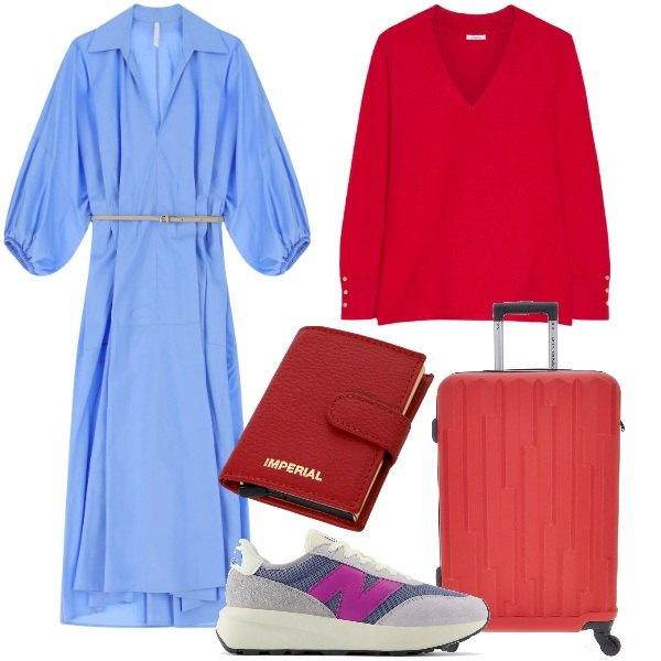 Outfit donna - Trasferta di lavoro. Stile Trendy per Ufficio. Abbinamento con sneakers, portafogli, vestiti lunghi, valigie, maglieria.
