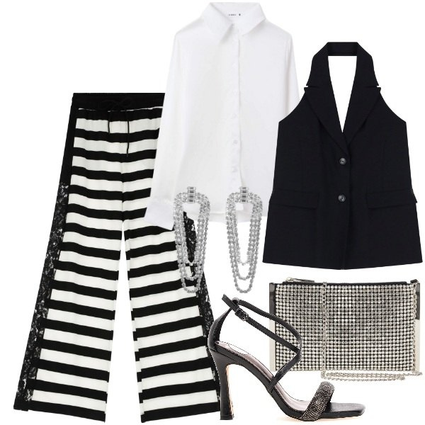 Outfit donna - Serate di rientro in riga. Stile Glamour per Serata fuori. Abbinamento con camicie, orecchini, pochette, pantaloni a palazzo, gilet, sandali col tacco.
