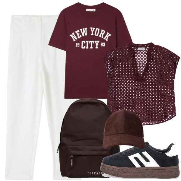Outfit donna - Back to school. Stile Preppy per Scuola/Università. Abbinamento con pantaloni chino, zaini, cappelli con visiera, t-shirt, camicie a manica corta, sneakers.