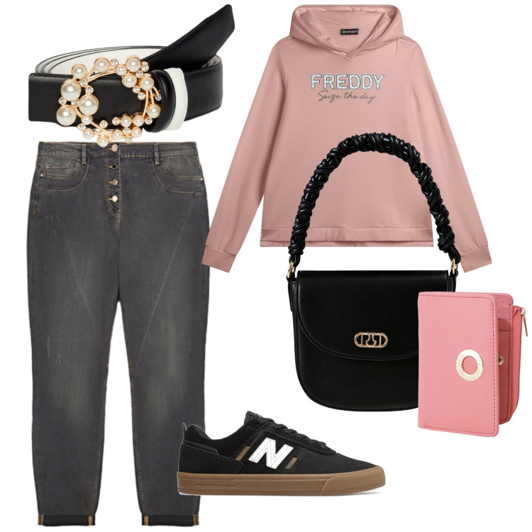 Outfit donna - Comoda ma con stile. per Tutti i giorni. Abbinamento con sneakers, borse a mano, portafogli, felpe con cappuccio, cinture, jeans.