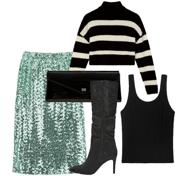 Outfit donna - Serata a settembre. Stile Glamour per Serata fuori. Abbinamento con maglieria, stivali, pochette, gonne longuette, canottiere.