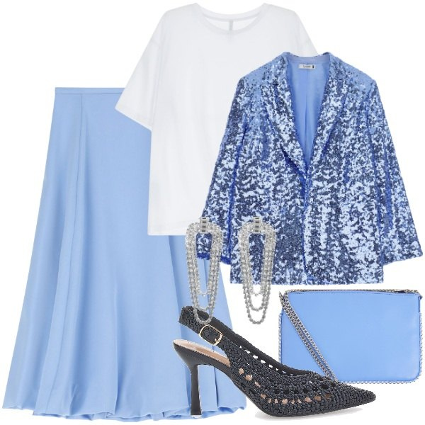 Outfit donna - Giacca di paillettes. Stile Glamour per Serata fuori. Abbinamento con borse a tracolla, orecchini, blazer, gonne longuette, t-shirt, décolleté.