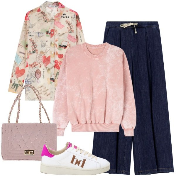 Outfit donna - Una felpa a settembre. Stile Casual chic per Tutti i giorni. Abbinamento con felpe, camicie, sneakers, jeans, borse a tracolla.