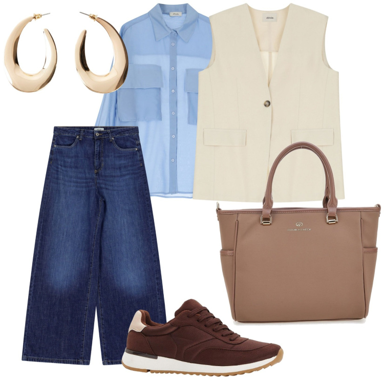 Outfit donna - Mezza stagione. per Tutti i giorni. Abbinamento con orecchini, sneakers, camicie, gilet, jeans, borse a tracolla.