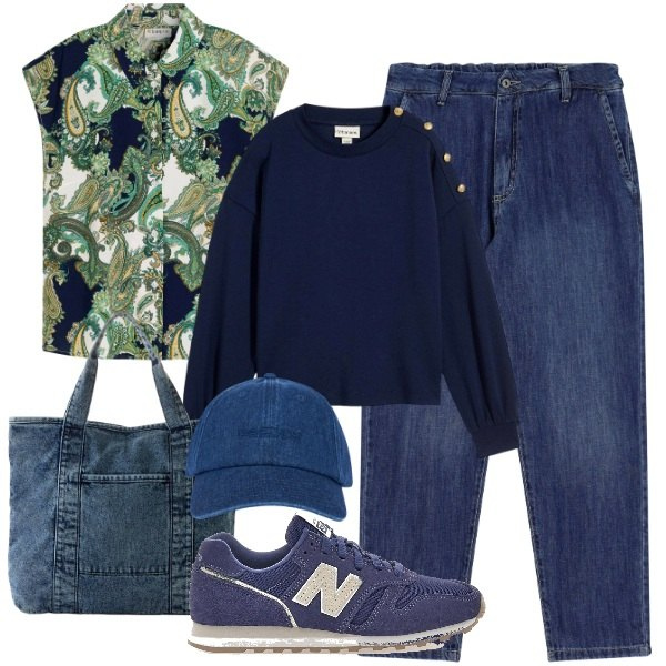 Outfit donna - Una felpa a settembre. Stile Casual chic per Tutti i giorni. Abbinamento con camicie, felpe, shopping bag, cappelli con visiera, jeans, sneakers.