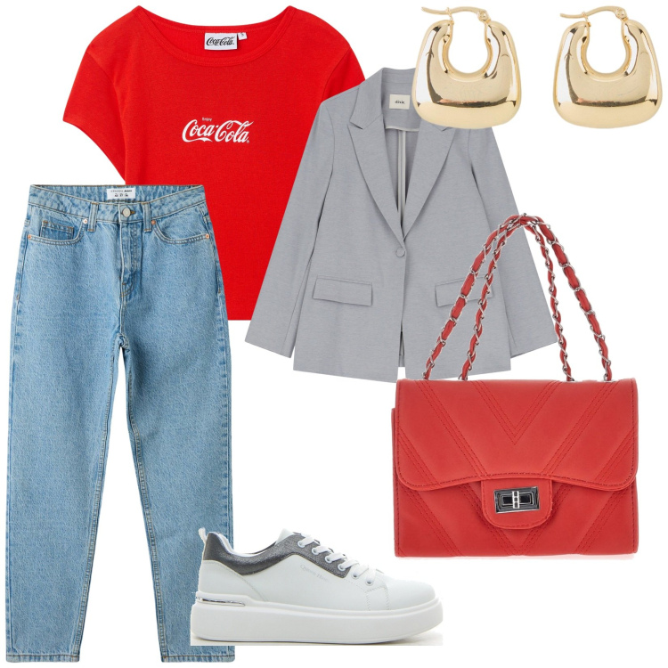 Outfit donna - Settembre. per Tutti i giorni. Abbinamento con orecchini, t-shirt, jeans mom, blazer, sneakers, borse a tracolla.
