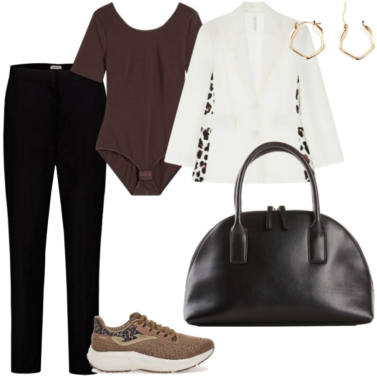 Outfit donna - Focus maculato. Stile Casual chic per Ufficio. Abbinamento con shopping bag, body, orecchini, blazer, pantaloni, sneakers.