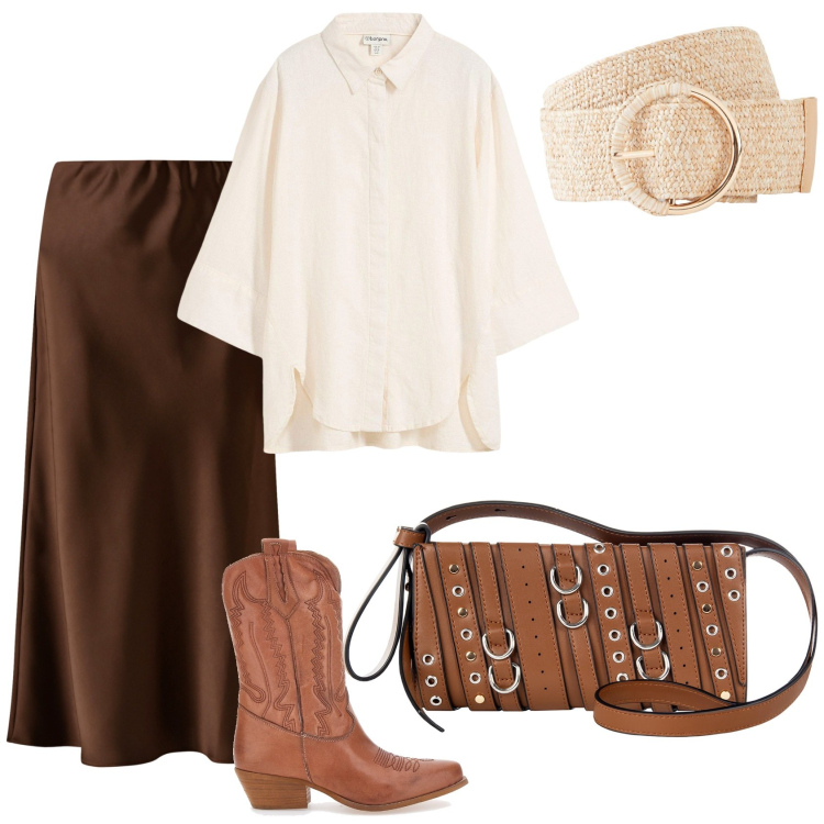Outfit donna - Western. Stile Boho per Serata fuori. Abbinamento con cinture, camicie, gonne longuette, borse a spalla, stivaletti.