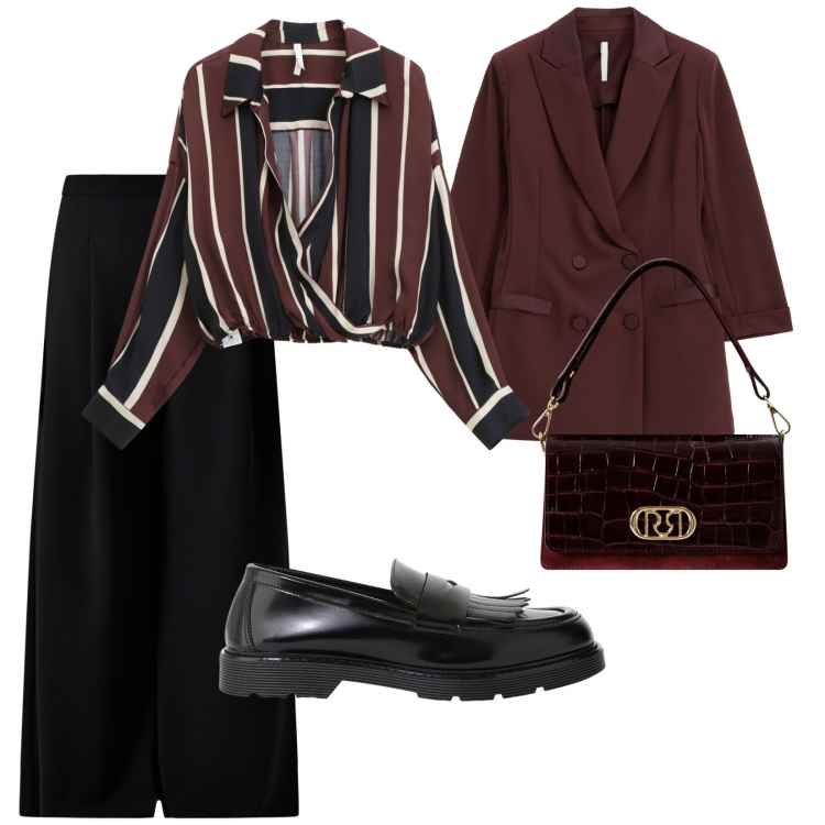 Outfit donna - Per le riunioni a scuola. per Scuola/Università. Abbinamento con borse a mano, pantaloni a palazzo, camicie, blazer, mocassini.