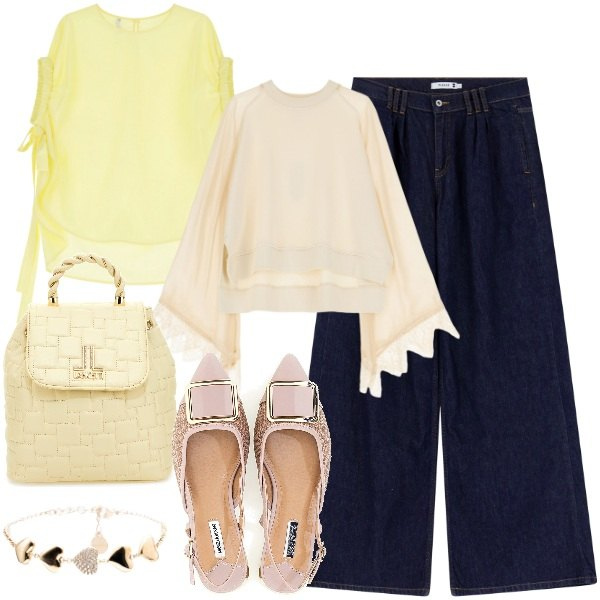 Outfit donna - Una felpa a settembre. Stile Casual chic per Tutti i giorni. Abbinamento con jeans, camicie a manica corta, felpe, braccialetti, ballerine, zaini.