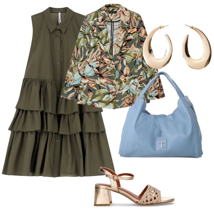Outfit donna - Settembre. per Tutti i giorni. Abbinamento con orecchini, vestiti corti, pochette, blazer, sandali col tacco.
