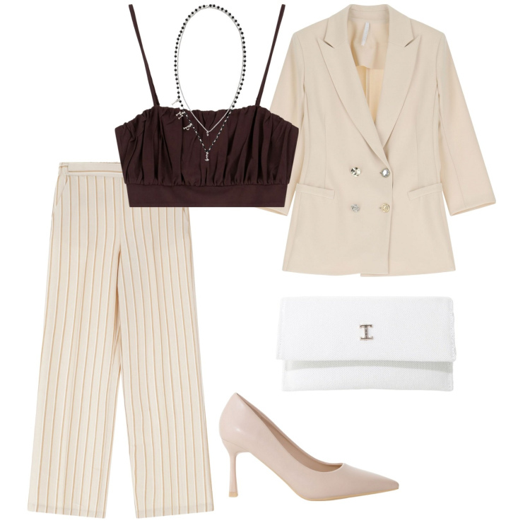 Outfit donna - Cerimonia Imperial. per Cerimonia. Abbinamento con blazer, décolleté, borse a tracolla, top, collane, pantaloni a palazzo.