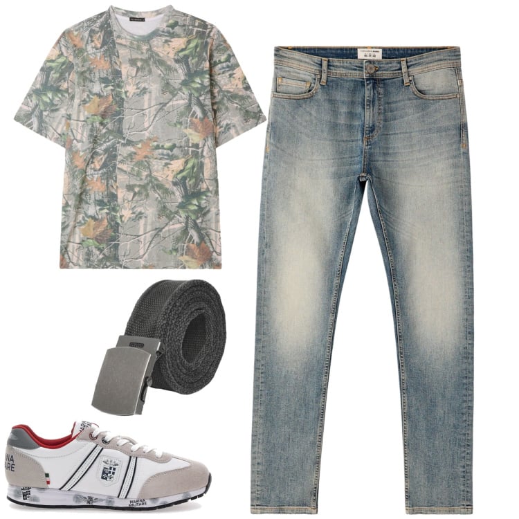 Outfit uomo - Settembre. Stile Casual per Tutti i giorni. Abbinamento con cinture, jeans skinny, t-shirt, sneakers.