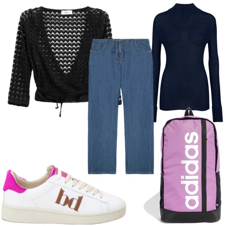 Outfit donna - Outfit per la scuola a settembre : in ro. Stile Basic per Scuola/Università. Abbinamento con top, sneakers, maglieria, jeans, zaini.