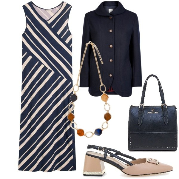 Outfit donna - Eleganza in riga. Stile Bon Ton per Ufficio. Abbinamento con vestiti lunghi, borse a mano, décolleté, blazer, collane.