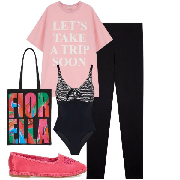 Outfit donna - Un salto in piscina. Stile Sporty chic per Sport. Abbinamento con leggings, vestiti corti, costumi interi, borse tote, ballerine.