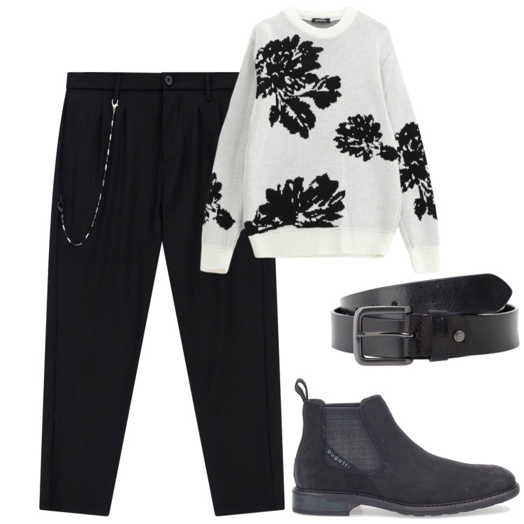 Outfit uomo - La maglia grafica. Stile Trendy per Tutti i giorni. Abbinamento con cinture, pantaloni, pullovers, stivali e stivaletti.