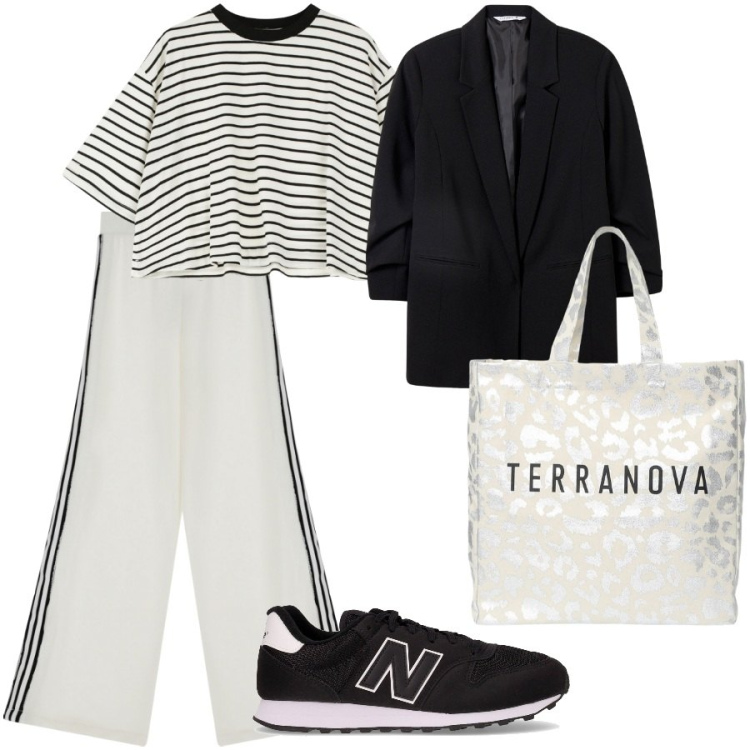 Outfit donna - Trend comodità. Stile Sporty chic per Tutti i giorni. Abbinamento con blazer, borse tote, pantaloni sportivi, t-shirt, sneakers.