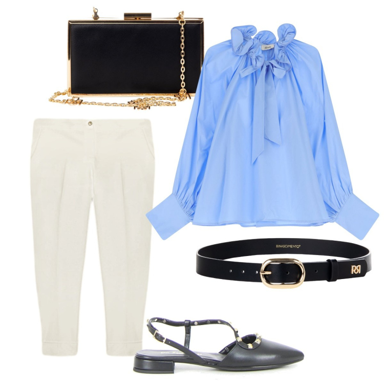 Outfit donna - Bianco e azzurro. Stile Casual chic per Ufficio. Abbinamento con pochette, cinture, camicie, sandali in pelle, pantaloni.
