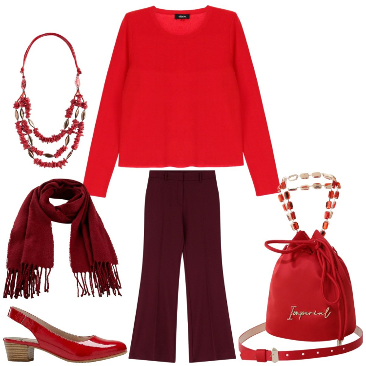 Outfit donna - Nuove tendenze. Stile 70s per Tutti i giorni. Abbinamento con décolleté, sciarpe, borse a secchiello, pantaloni, pullovers, collane.
