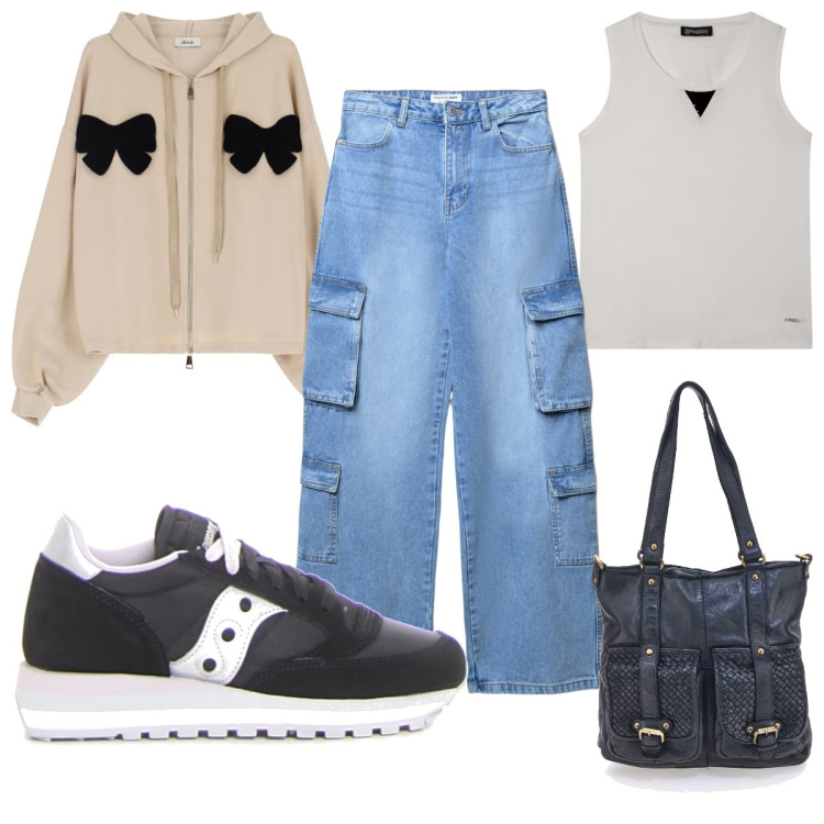Outfit donna - Outfit per la scuola a settembre : comod. Stile Basic per Serata fuori. Abbinamento con jeans, felpe con cappuccio, canottiere, borse a spalla, sneakers.
