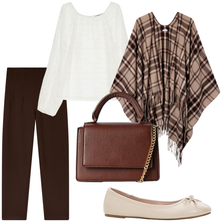 Outfit donna - Tartan marrone. Stile Vintage retrò per Tutti i giorni. Abbinamento con ballerine, borse a tracolla, cappotti, pantaloni chino, camicie.