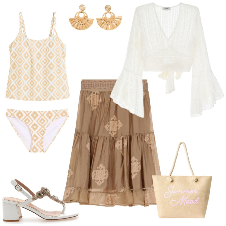 Outfit donna - Boho chic per il mare. Stile Boho per Mare. Abbinamento con orecchini, costumi interi, borse tote, gonne, top, sandali gioiello.