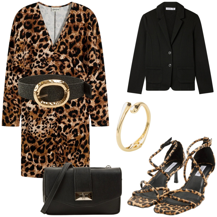 Outfit donna - Total look #2239483. Stile Chic per Serata fuori. Abbinamento con braccialetti, vestiti corti, cinture, sandali col tacco, borse a tracolla, blazer.