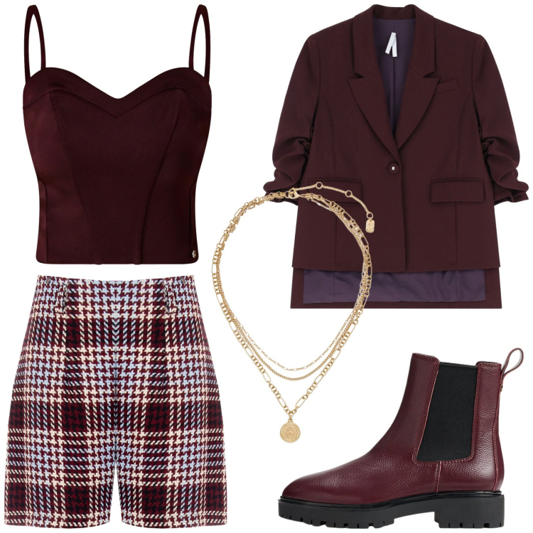 Outfit donna - Total look #2239487. Stile Preppy per Serata fuori. Abbinamento con shorts, top, blazer, ciondoli, stivaletti chelsea.