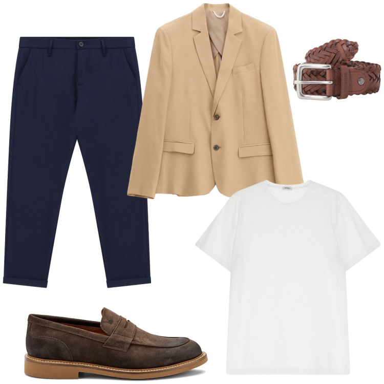 Outfit uomo - Urban. Stile Business/Elegante per Ufficio. Abbinamento con cinture, t-shirt, giacche, pantaloni, scarpe stringate.